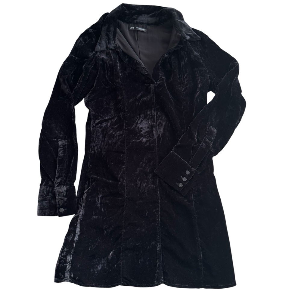 Zara Women’s Black Velvet V-Neck Dress – 70s-Inspired, Long Sleeve Small Retro